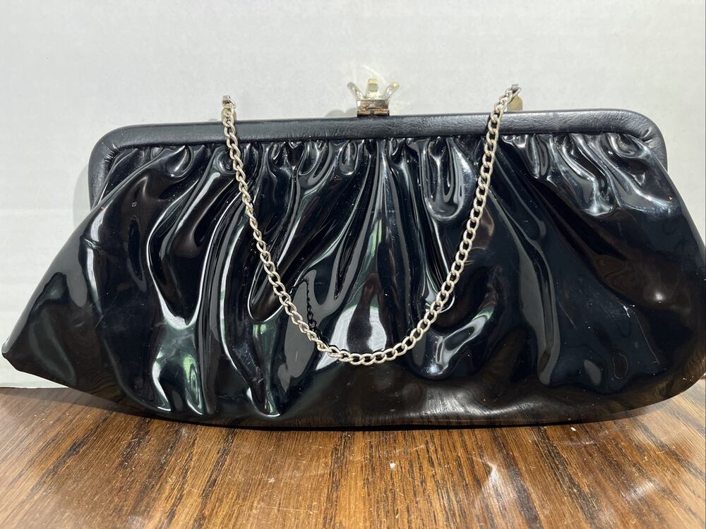 Shiny Black Clutch Purse Gold Clasp Red Lining Vintage
